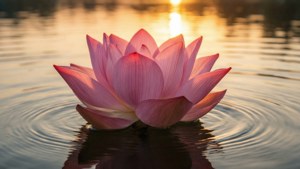 粉紅蓮花漂浮在水面上，映照著金色的夕陽倒影。 — 蓮花 GIF 壁紙
