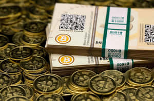 金色比特幣硬幣堆和印有QR碼的比特幣紙鈔。 — 比特幣 GIF 壁紙