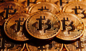 一堆金色比特幣硬幣，帶有溫暖發光的電路設計。 — 比特幣 GIF 壁紙