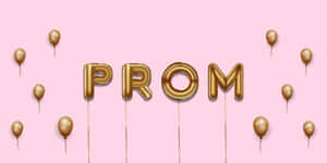金色氣球字母拼出PROM，被漂浮的氣球環繞在粉紅色背景上。 — 乾淨 壁紙