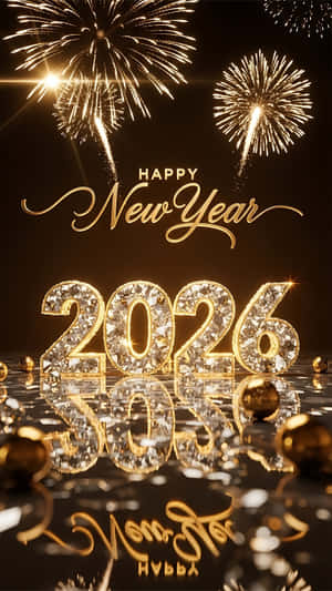 金色煙火在閃爍的2026數字上方綻放，映照在反光的黑色表面上。 — 派對 壁紙
