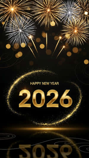 金色煙火在黑色背景上的「HAPPY NEW YEAR 2026」文字上方爆開，帶有閃光和反射。 — 派對 壁紙