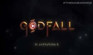 金色字體的 Godfall 遊戲標誌，帶有宇宙背景和 PlayStation 5 文字。 — 神隕 壁紙