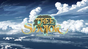 金色「Tree Savior」遊戲標誌，帶有發光文字和樹木剪影，背景為多雲的天空。 — 神之塔 壁紙