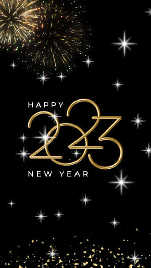 金色2023新年文字，煙火星星和五彩紙屑在黑色背景上 — 慶祝 壁紙