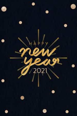 Happy New Year 2021 祝福語，金色文字和閃粉圓點在海軍藍色背景上。 — 慶祝 壁紙
