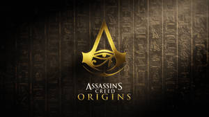 金色Assassin's Creed Origins標誌在深色象形文字背景上。 — 電玩遊戲 GIF 壁紙