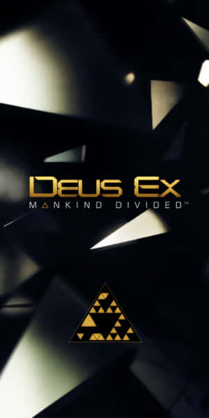 Deus Ex遊戲標誌，金色文字和三角形符號，在黑暗抽象背景上 — 電玩遊戲 GIF 壁紙