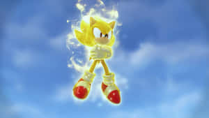 金色的Sonic the Hedgehog在天空漂浮，帶有發光能量光環。 — 音速小子 壁紙