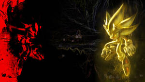 金色Sonic在黑暗風格化場景中對抗紅色惡魔形狀的身影。 — 電玩遊戲 GIF 壁紙