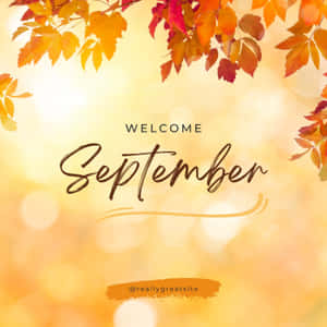 秋葉環繞溫暖背景，並有「Welcome September」文字。 — 九月 壁紙