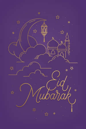Eid Mubarak祝福，金色新月燈籠清真寺和星星在紫色背景上。 — 低對比 壁紙