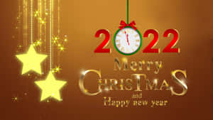 聖誕快樂及新年快樂2022，配有金色星星和時鐘。 — 新年快樂 2020 壁紙