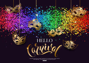 金色嘉年華面具掛在彩虹閃粉上，配有「Hello Carnival」文字。 — 背景 壁紙