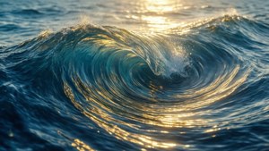 一道翻捲的海浪在金色陽光中閃耀，伴隨著閃爍的水滴。 — 藍色 壁紙