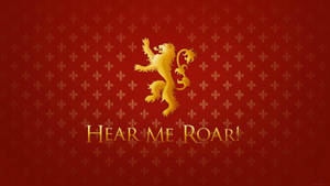 金色獅子紋章，紅色鳶尾花壁紙上寫有「hear me roar」。 — 蘭尼斯特家族 壁紙