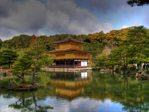 金色寺廟倒映在池塘中，周圍是秋天的樹木 — 日式 壁紙