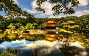 金色寺廟倒映在寧靜的池塘中，周圍綠意盎然。 — 奧地利 壁紙