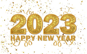 金色2023年新年快樂文字，配以五彩紙屑和彩帶。 — 白色與金色 壁紙