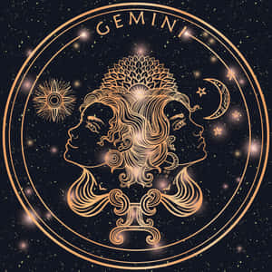 金色雙子座星座符號，帶有雙胞胎側影和天體圖案，背景為星空。 — 雙子座 壁紙