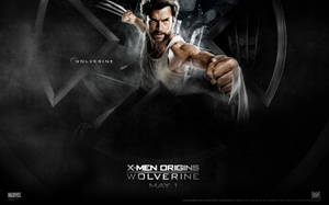金鋼狼（Wolverine）在《X戰警：金鋼狼》海報中以黑暗煙霧的動作姿勢伸出爪子。 — 漫威標誌 壁紙