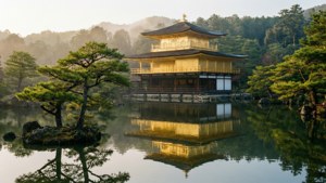 金色寺廟倒映在靜止的水面，伴隨著霧氣籠罩的樹木，黎明時分 — 黎明 壁紙