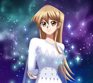 穿著白色連衣裙的動漫女孩站在星空宇宙背景前。 — 小威廉絲 壁紙