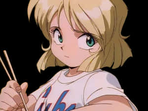 金髮碧眼動漫少女手持筷子，黑色背景。 — 動漫風景美圖 壁紙