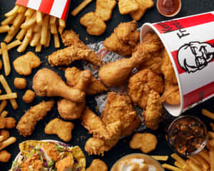 從KFC桶中灑落在深色表面上的炸雞、薯條和醬料。 — 肯德基 壁紙
