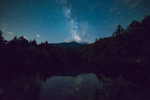 繁星點點的夜空，銀河倒映在被樹木環繞的平靜湖泊中。 — 太空 壁紙