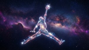 宇宙風格的Jordan標誌，置於多彩銀河星雲與星辰之中。