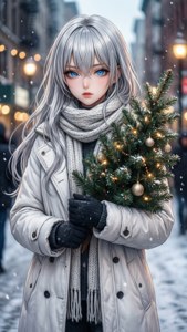 動漫女孩在雪地城市冬季場景中抱著一棵小聖誕樹。 — 動漫聖誕 壁紙