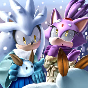 銀色和火焰刺蝟穿著冬衣，手持雪球和樹葉雪人。 — 音速小子 壁紙