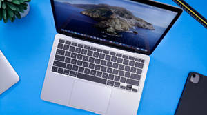 銀色筆記型電腦放在藍色書桌上，有島嶼壁紙和多肉植物。 — MacBook Air 壁紙