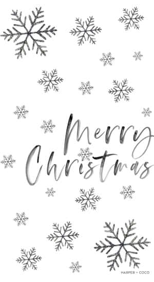 白色背景上銀色字體Merry Christmas，周圍環繞雪花。 — 白色 iPhone 壁紙