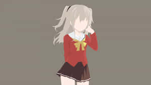 穿著紅色校服、配黃色蝴蝶結和銀色雙馬尾的動漫女孩。 — 臉 壁紙