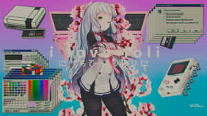 被復古遊戲設備和Windows 95界面元素包圍的動漫女孩。 — 日本動漫 壁紙