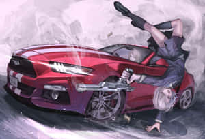 動漫女孩從紅色跑車中踢出，手持槍支。 — 動漫汽車 壁紙