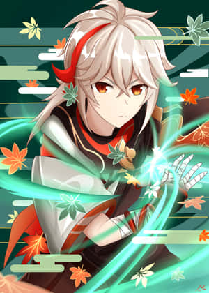 銀髮的動漫戰士，被秋葉環繞，散發著發光的綠色能量。 — 電玩遊戲 GIF 壁紙