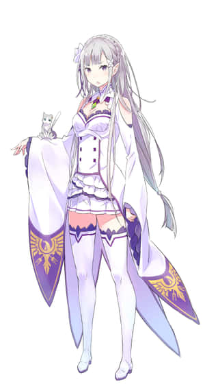 紫白裝束的動漫女孩抱著一隻小貓。 — Pixel Fold 壁紙