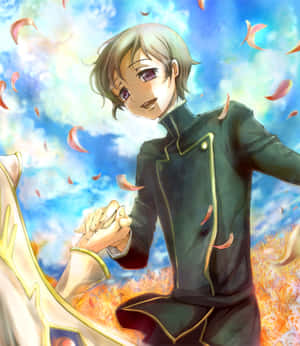 動漫角色在火焰和飄落的花瓣中，在明亮的天空下伸出手。 — 玩家共和國 壁紙