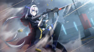 貓耳動漫少女在未來城市戰鬥中發射步槍。 — 美麗的動畫 壁紙