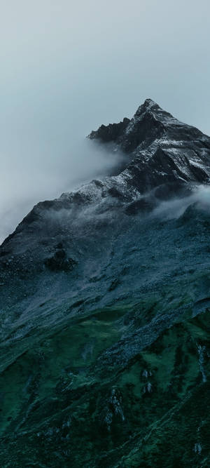 一座積雪的山峰穿過薄霧升起，下方是綠色的山坡。 — OnePlus 11 壁紙