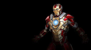 鋼鐵人身穿紅金色盔甲，帶有發光的弧形反應堆，背景為黑色 — 鋼鐵人標誌 壁紙