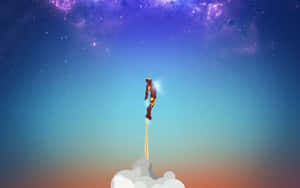 鋼鐵人穿過雲層向上飛入色彩繽紛的星空。 — 鋼鐵人標誌 壁紙