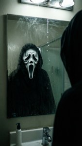 穿著深色長袍的人凝視著霧氣浴室鏡中Ghostface面具的倒影。 — iPhone 5 壁紙