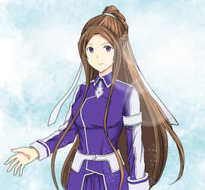 穿著紫色和白色服裝的長棕色頭髮動漫女孩溫柔地微笑。 — 中性 壁紙