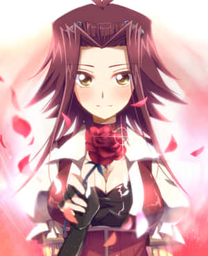 棕發動漫女孩手持紅玫瑰，被漂浮的粉紅花瓣包圍。 — Pixel Fold 壁紙