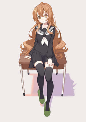 穿著水手服的動漫女孩坐在椅子上，長棕髮和綠色鞋子。 — 虎與龍 壁紙