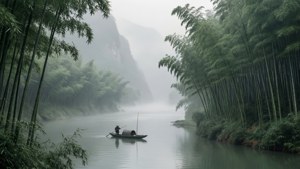 一位漁夫划船穿過霧氣瀰漫的竹林河流。 — 16:9 壁紙